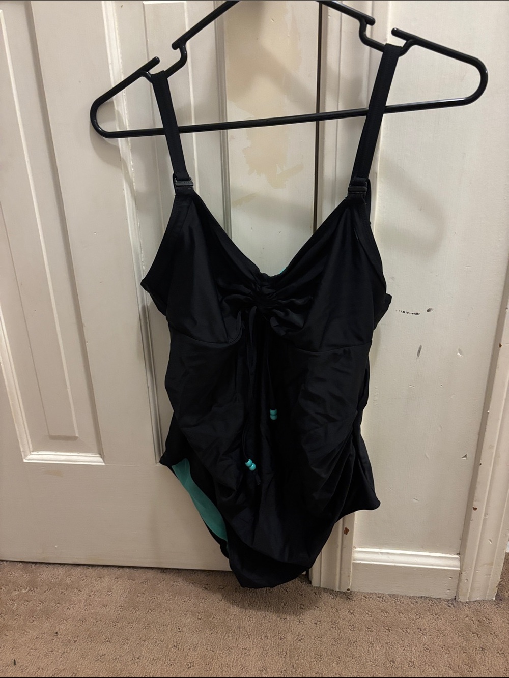 Pregnant to Nursing Black Ruched One-Piece Swimsuit with Adjustable Straps